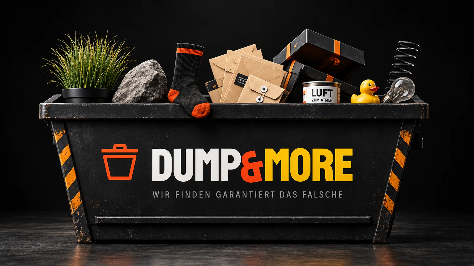 Schwarzer Dump-and-More-Container mit Stein, Socke, Briefen und weiteren nutzlosen Geschenken